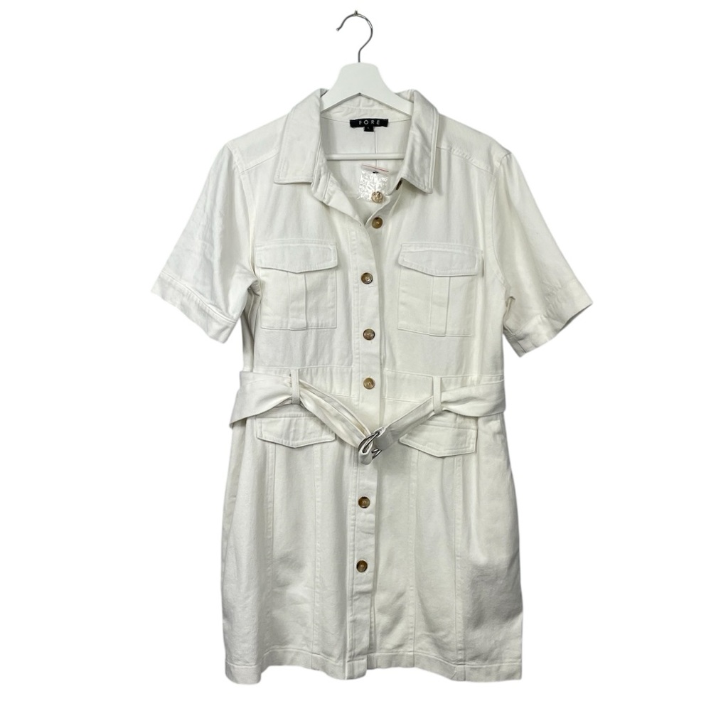 FORE White Button-Up Denim Mini Dress